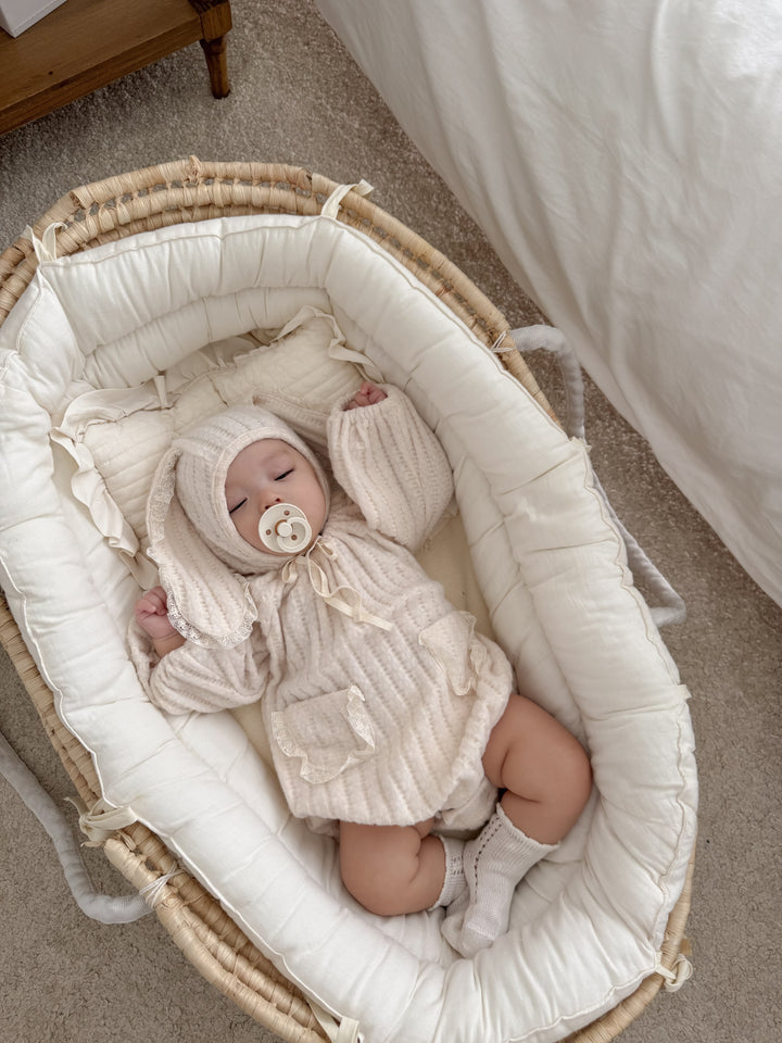 【11/28 ivory/cream S再入荷】 monbebe / Knit bonbon suit(bonnet set)