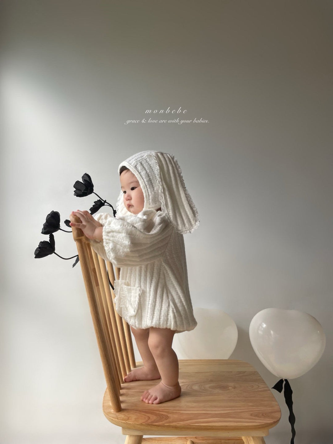 【11/28 ivory/cream S再入荷】 monbebe / Knit bonbon suit(bonnet set)