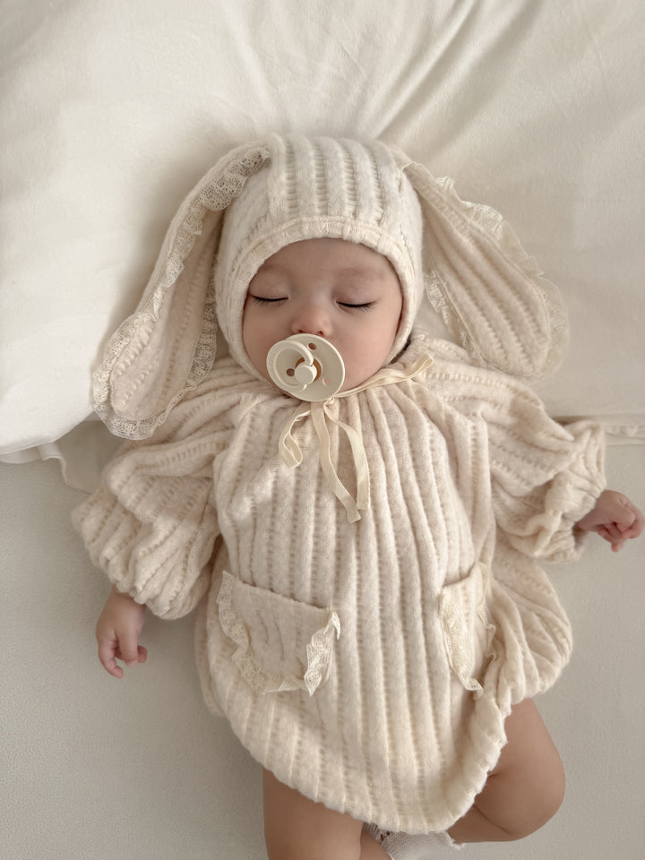 【11/28 ivory/cream S再入荷】 monbebe / Knit bonbon suit(bonnet set)
