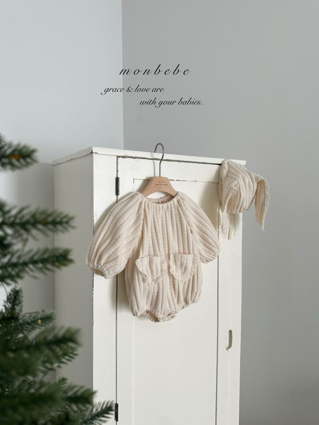 【11/28 ivory/cream S再入荷】 monbebe / Knit bonbon suit(bonnet set)