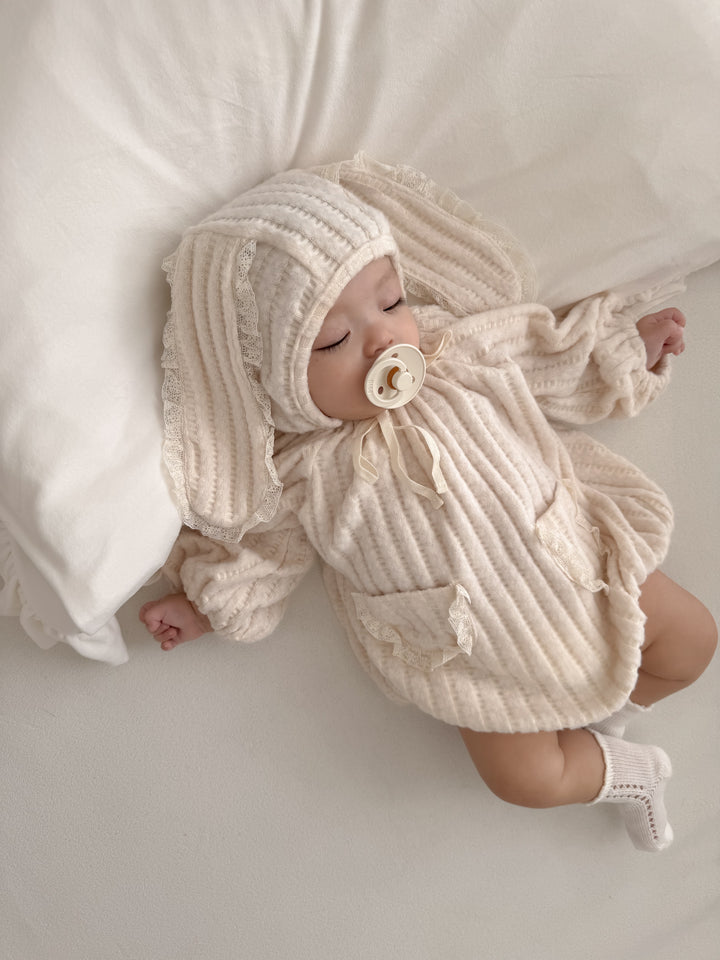 【11/28 ivory/cream S再入荷】 monbebe / Knit bonbon suit(bonnet set)