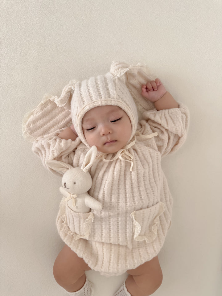 【11/28 ivory/cream S再入荷】 monbebe / Knit bonbon suit(bonnet set)