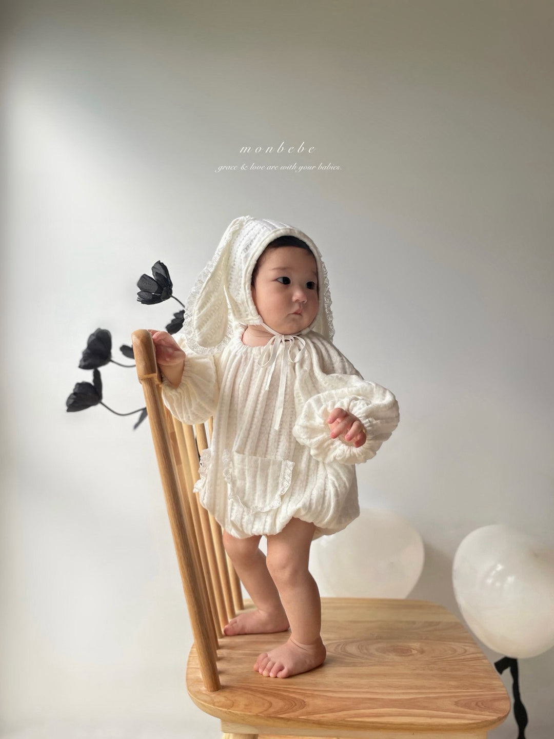 【11/28 ivory/cream S再入荷】 monbebe / Knit bonbon suit(bonnet set)