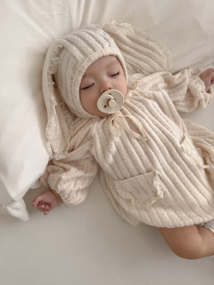 【11/28 ivory/cream S再入荷】 monbebe / Knit bonbon suit(bonnet set)