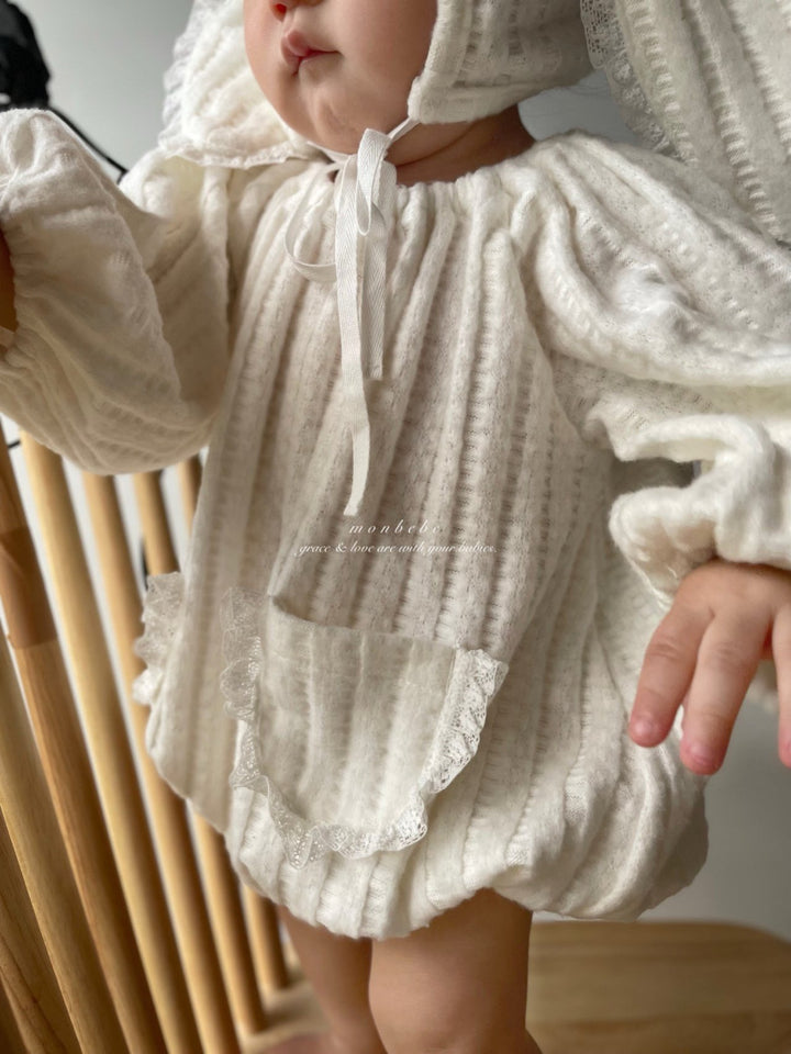【11/28 ivory/cream S再入荷】 monbebe / Knit bonbon suit(bonnet set)